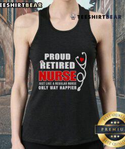 Top Proud Retired Nurse tank top design showcasing a happy nurse theme, celebrating joy and dedication in retirement.