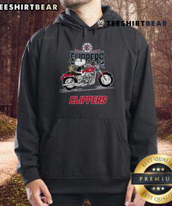 Snoopy and Woodstock riding a motorbike in a stylish LA Clippers hoodie, showcasing a fun and vibrant design.
