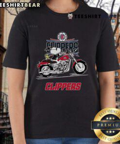 Alt Text: Snoopy and Woodstock riding a motorbike on a LA Clippers ladies tee, showcasing fun and team spirit.