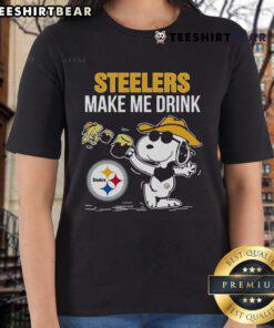 Top Snoopy and Woodstock Pittsburgh Steelers Make Me Drink ladies tee featuring vibrant graphics for NFL fans.