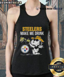 Top Snoopy and Woodstock Pittsburgh Steelers Make Me Drink Tank Top featuring playful design for Steelers fans.