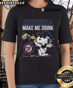 Alt Text: Ladies tee featuring Snoopy and Woodstock with Washington Nationals theme, perfect for fans who love to drink.