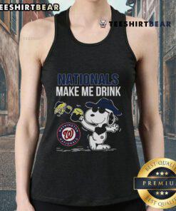Snoopy and Woodstock graphic on a Washington Nationals 'Make Me Drink' tank top, perfect for baseball fans.