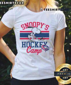 Top Snoopy Calgary Flames Camp Snoopy NHL All Teams ladies tee featuring Snoopy in team colors and logo.