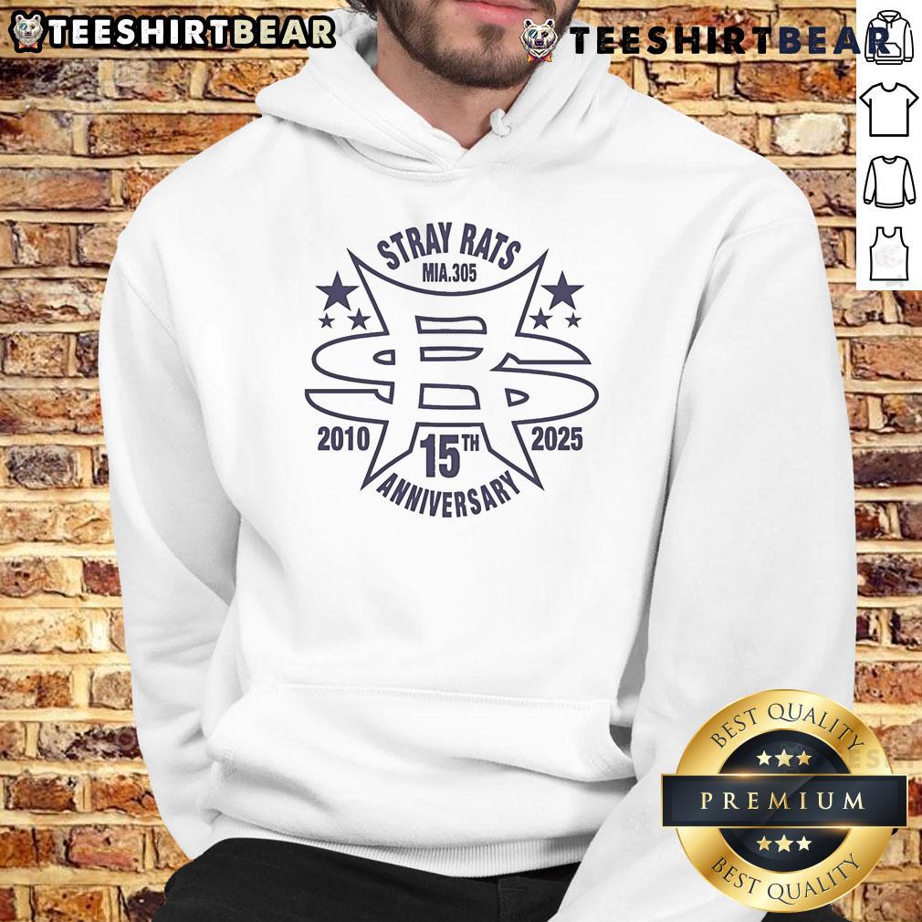 Alt Text: Top Stray Rats Mia 305 15th Anniversary 2010-2025 Hoodie featuring bold designs and vibrant colors.