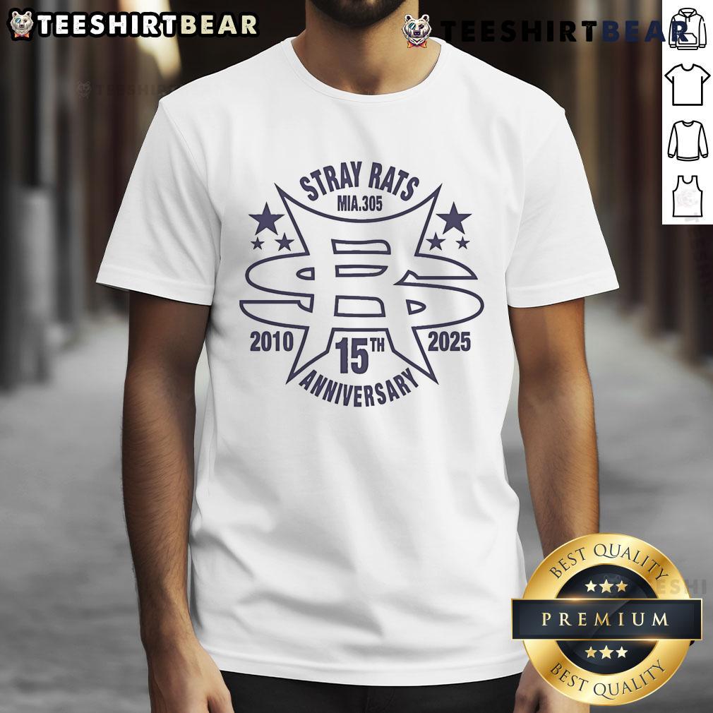 Top Stray Rats Mia 305 15th Anniversary T-Shirt 2010-2025 featuring bold graphics and vibrant colors for streetwear enthusiasts.