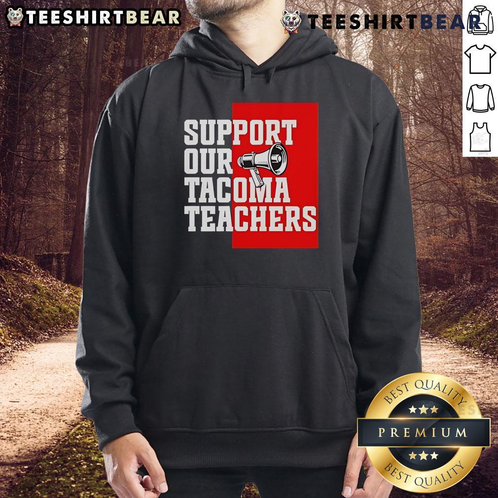 Support our Tacoma teachers hoodie in navy blue with a bold graphic design promoting education and community pride.