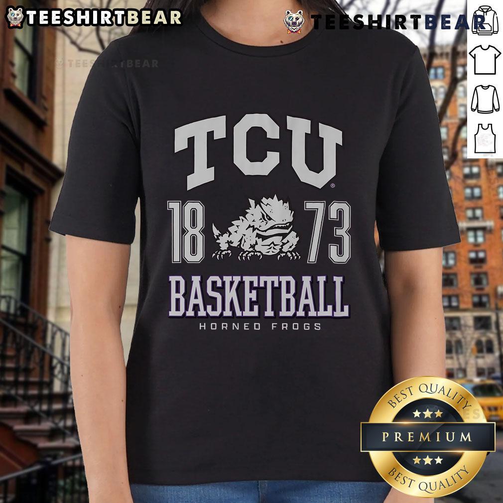 Alt Text: Stylish TCU Horned Frogs ladies tee featuring vibrant colors, perfect for basketball fans and team spirit enthusiasts.