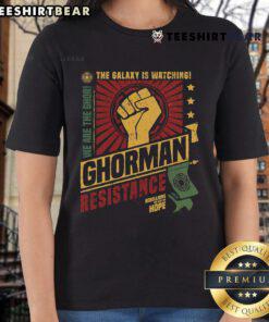 Alt Text: Top the Galaxy Is Watching Ghorman Resistance Ladies Tee featuring inspiring design and message of hope.