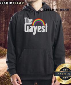 Colorful Top The Gayest Rainbow LGBT Hoodie displayed on a hanger, showcasing vibrant colors and inclusive design.