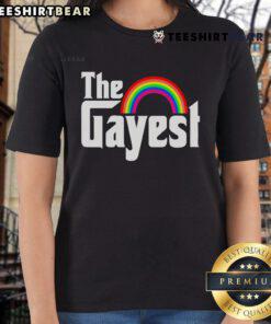 Top The Gayest Rainbow LGBT Ladies Tee featuring vibrant rainbow colors and a stylish design for pride and celebration.