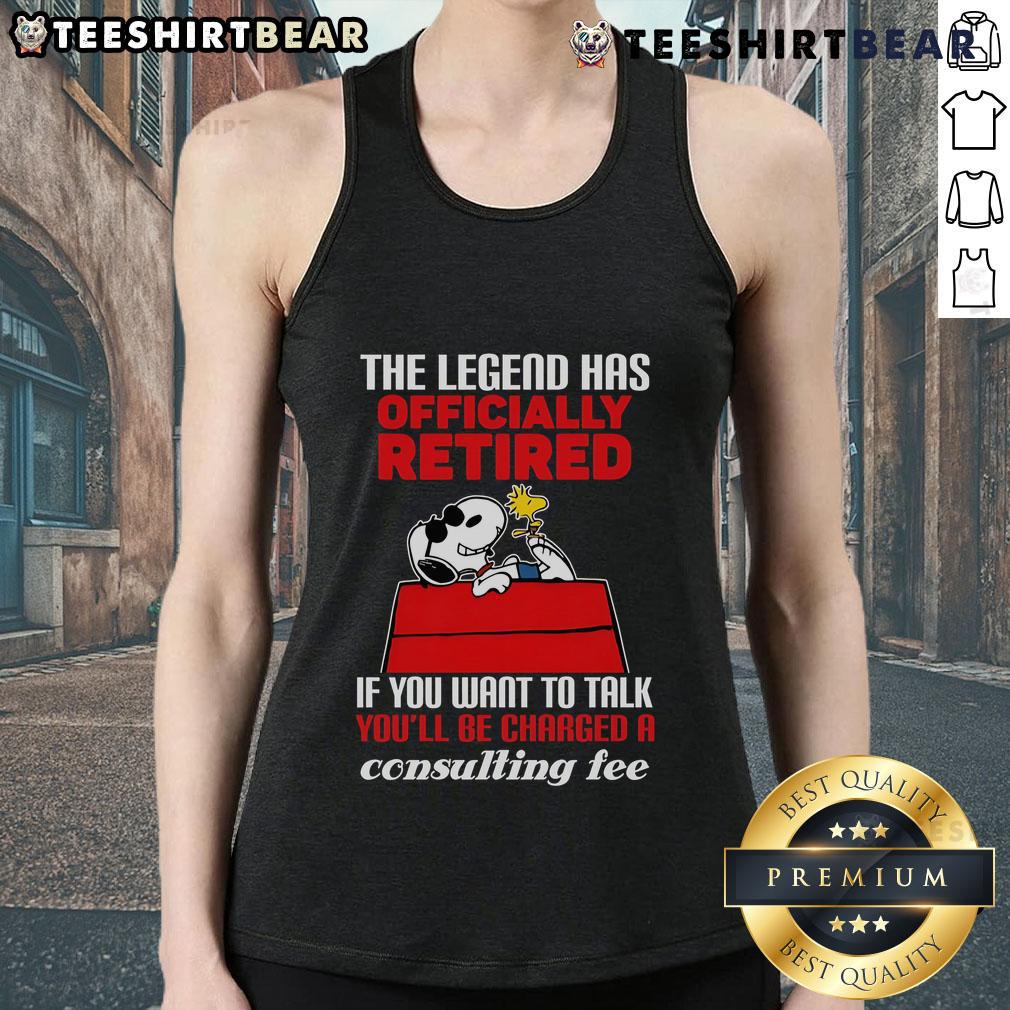 Top The Legend Has Officially Retired tank top featuring bold text, perfect for fans and casual wear enthusiasts.