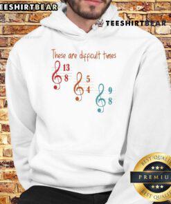 Alt Text: Musician wearing a hoodie with 'Top These Are Difficult Times' slogan, reflecting resilience and creativity.