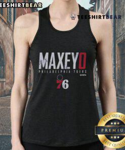 Alt Text: Tyrese Maxey Philadelphia 76ers tank top featuring team colors and logo, perfect for basketball fans and summer wear.