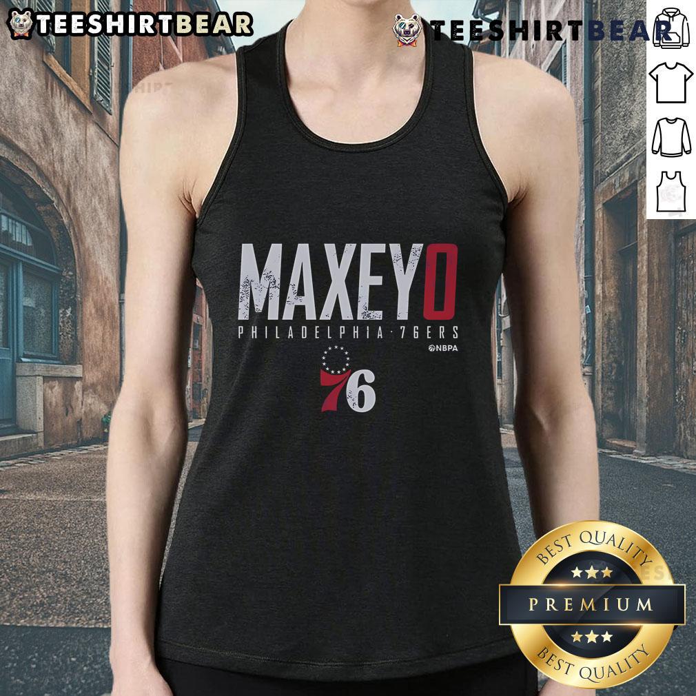 Alt Text: Tyrese Maxey Philadelphia 76ers tank top featuring team colors and logo, perfect for basketball fans and summer wear.
