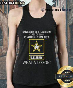 Alt Text: Class of '67-'68, Platoon 2, D9 BCT, US Army graduates at Ft. Jackson wearing 'What a Lesson' tank tops.