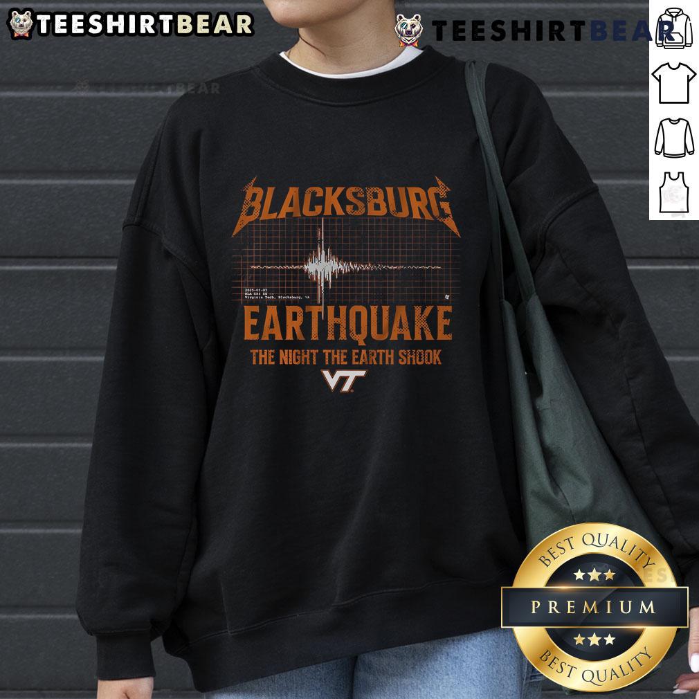 Alt Text: Virginia Tech Blacksburg Earthquake sweatshirt featuring bold graphics and vibrant colors, perfect for fans and alumni.