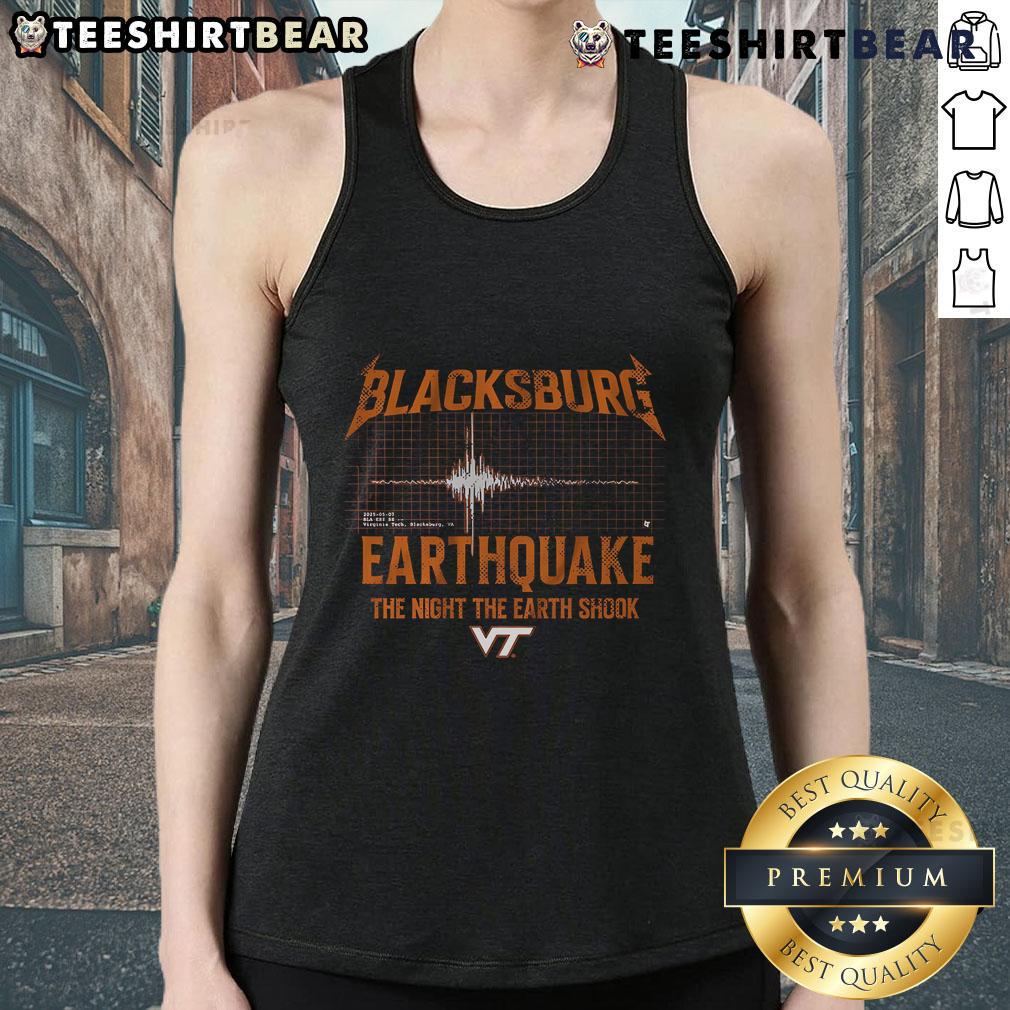 Top Virginia Tech Blacksburg Earthquake tank top featuring a stylish design celebrating Virginia Tech spirit and community.