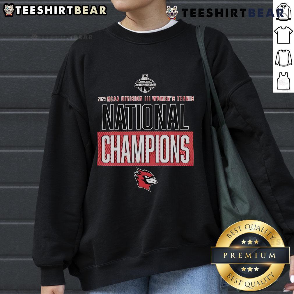 Alt Text: Wesleyan Cardinals 2025 NCAA Division III Women's Tennis National Champions sweatshirt in vibrant colors.