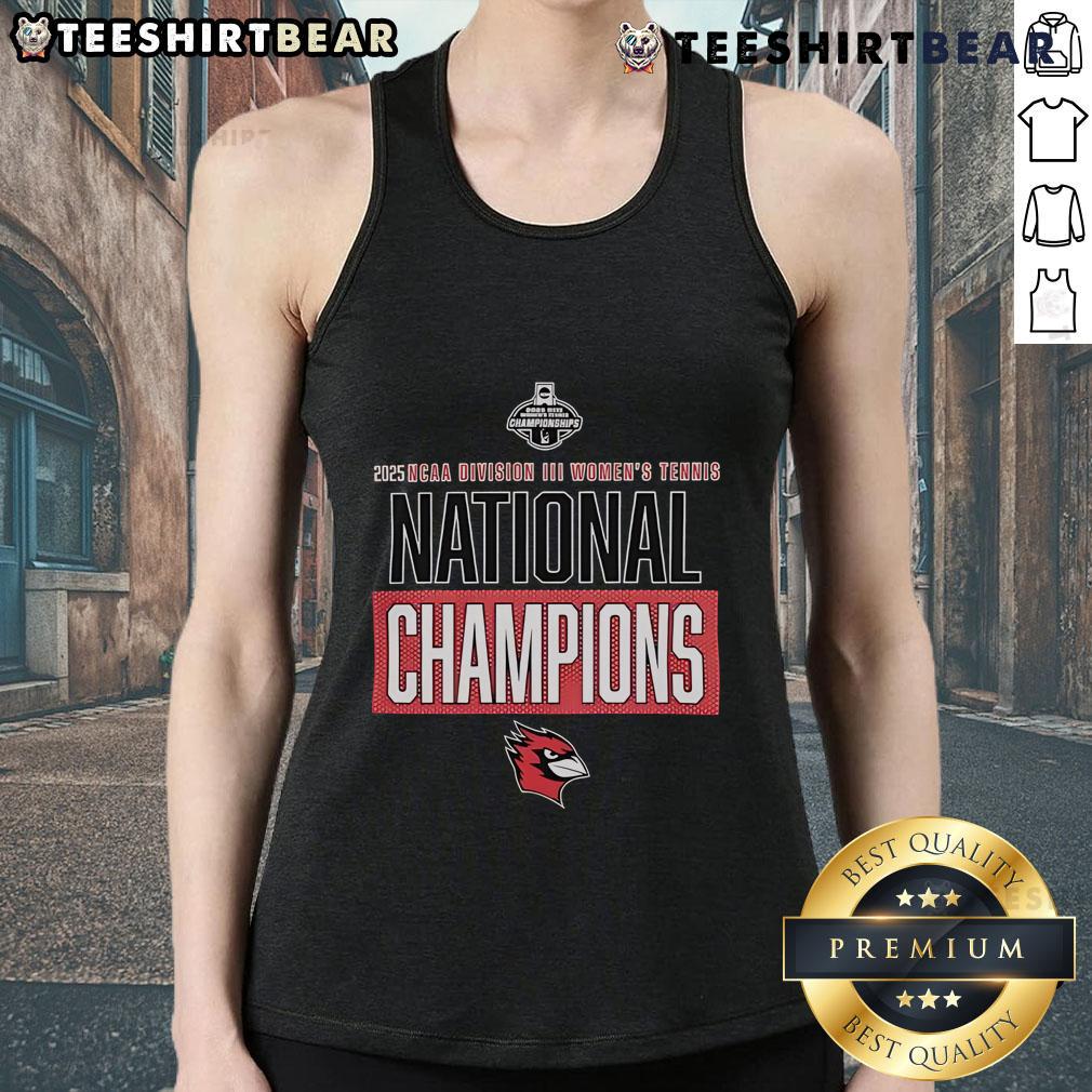2025 NCAA Division III Women's Tennis National Champions tank top featuring Top Wesleyan Cardinals logo and design.
