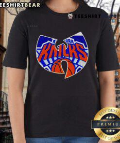 Alt Text: Top Wu-Tang New York Knicks basketball logo ladies tee featuring bold graphics and stylish design for fans.
