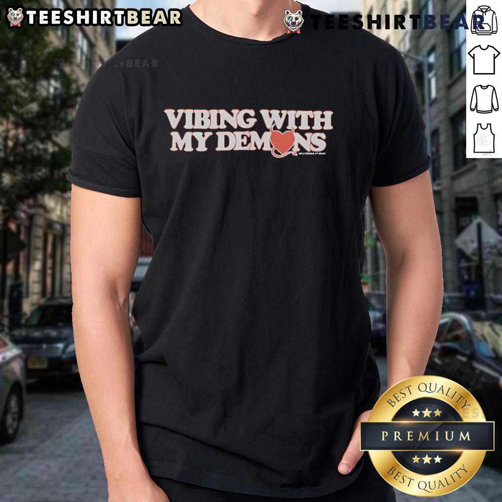 Alt Text: Top Xplr Vibing With My Demons T-Shirt featuring a unique graphic design, perfect for casual streetwear style.