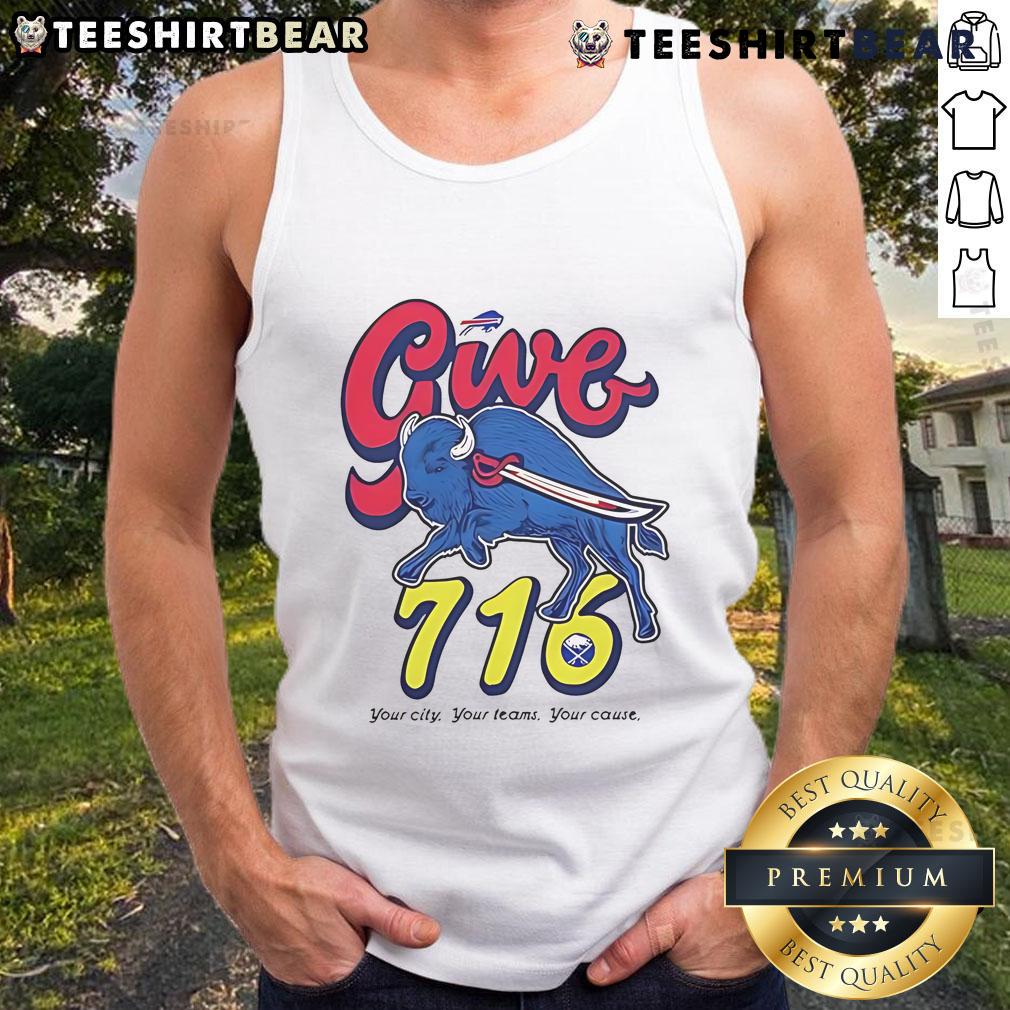 Buffalo Bills tank top featuring 'Give 716 Your City Your Teams Your Cause', perfect for fans supporting their favorite team.