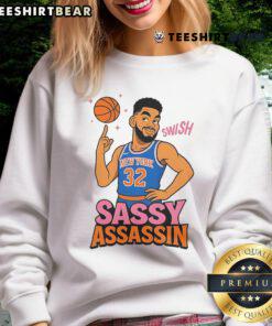 Alt Text: Awesome Sassy Assassin Karl Anthony Towns sweatshirt featuring bold graphics and vibrant colors for basketball fans.