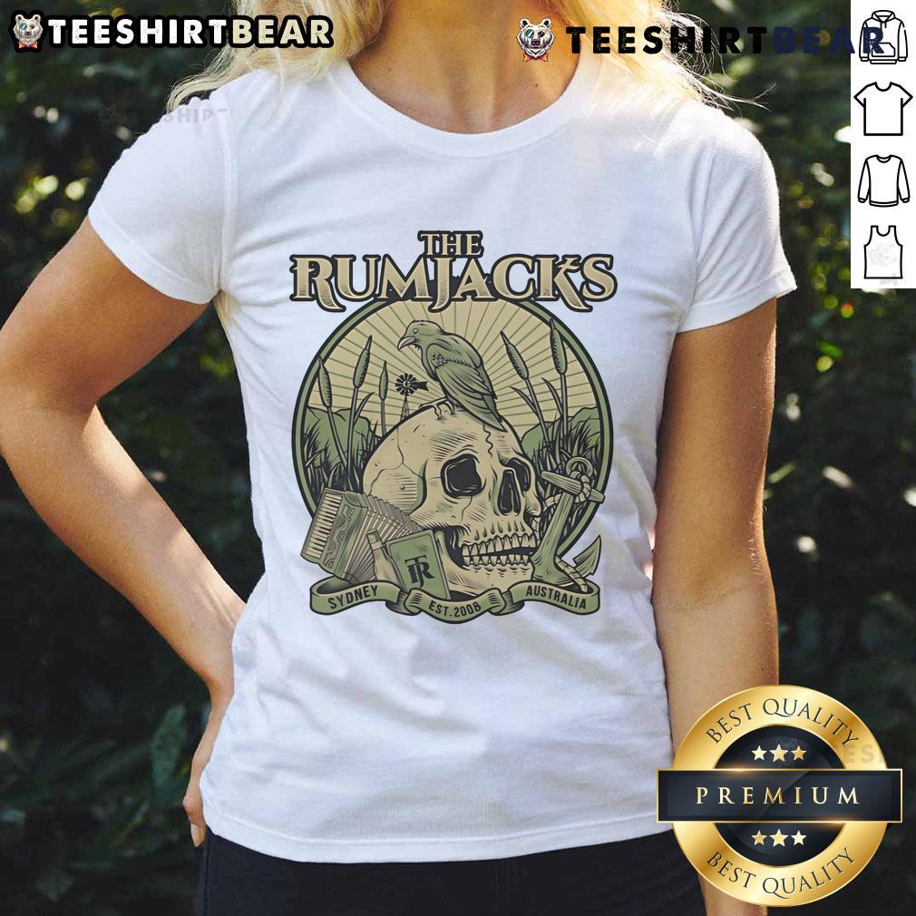 Awesome The Rumjacks Crow Skull Sydney Australia Est 2008 Ladies Tee design featuring a striking crow skull graphic.