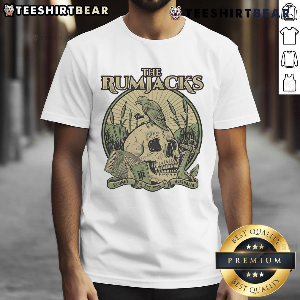 Awesome The Rumjacks Crow Skull T-Shirt from Sydney, Australia, est 2008, showcasing unique band-inspired design.