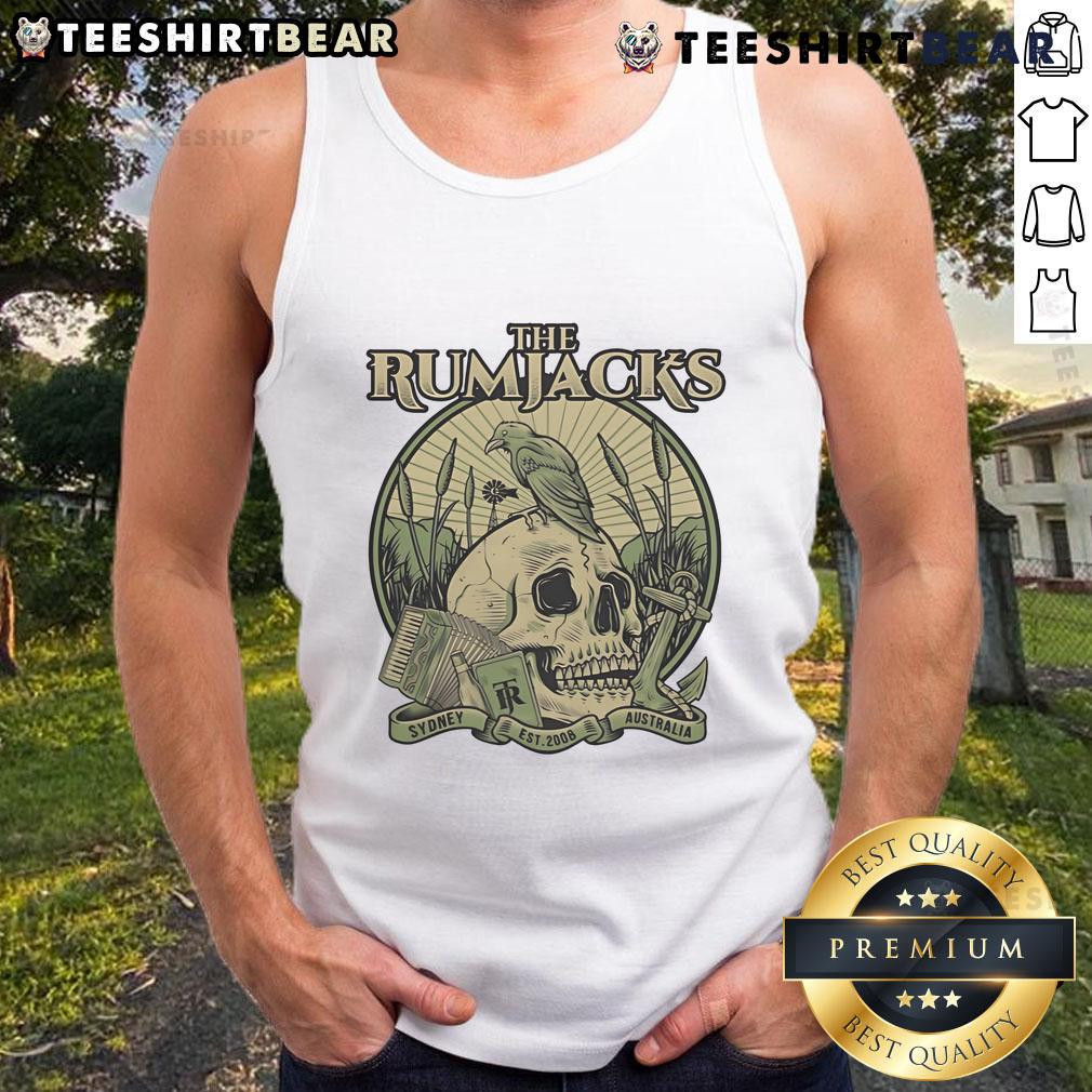 Alt Text: Awesome The Rumjacks Crow Skull tank top design from Sydney, Australia, established 2008, in stylish black.