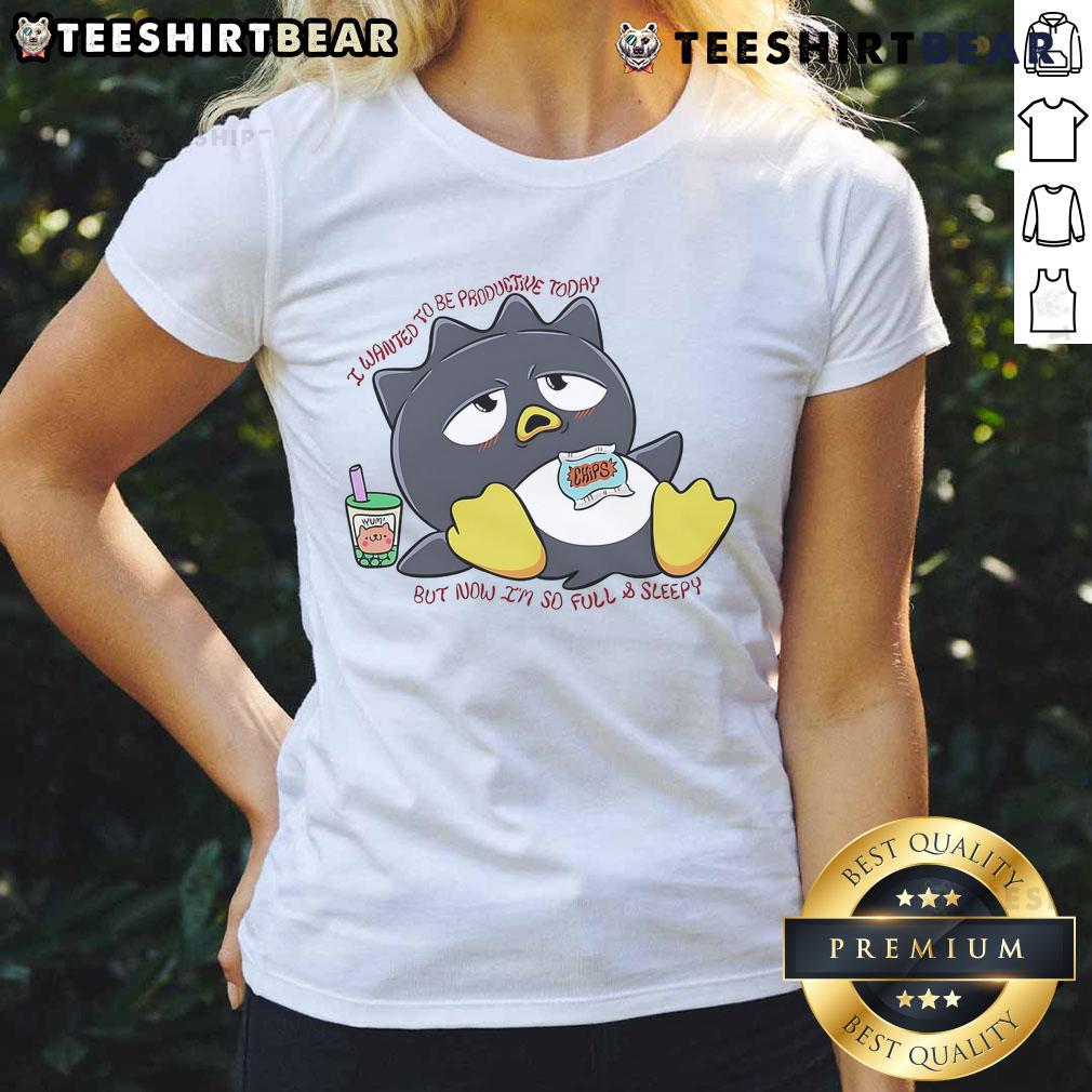 Alt Text: Cute Badtz Maru tee for ladies, featuring a fun design about feeling full and sleepy, perfect for casual wear.