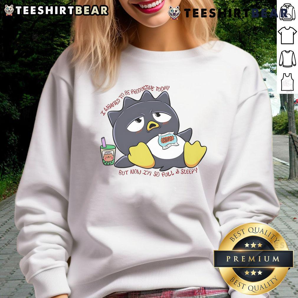 Alt Text: Cute Badtz Maru sweatshirt featuring a playful design about feeling full and sleepy, perfect for cozy days.