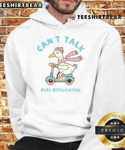 Adorable duck hoodie featuring a cute design with the phrase 'Can't Talk, Busy Dissociating' in vibrant colors.