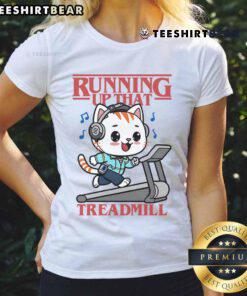 Cute cat running up a treadmill on a ladies tee, showcasing fun pet fitness style in vibrant colors.
