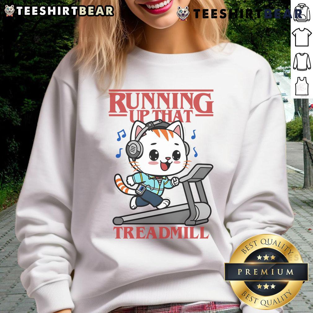 Cute cat running on a treadmill sweatshirt, featuring an adorable feline in action for pet lovers.