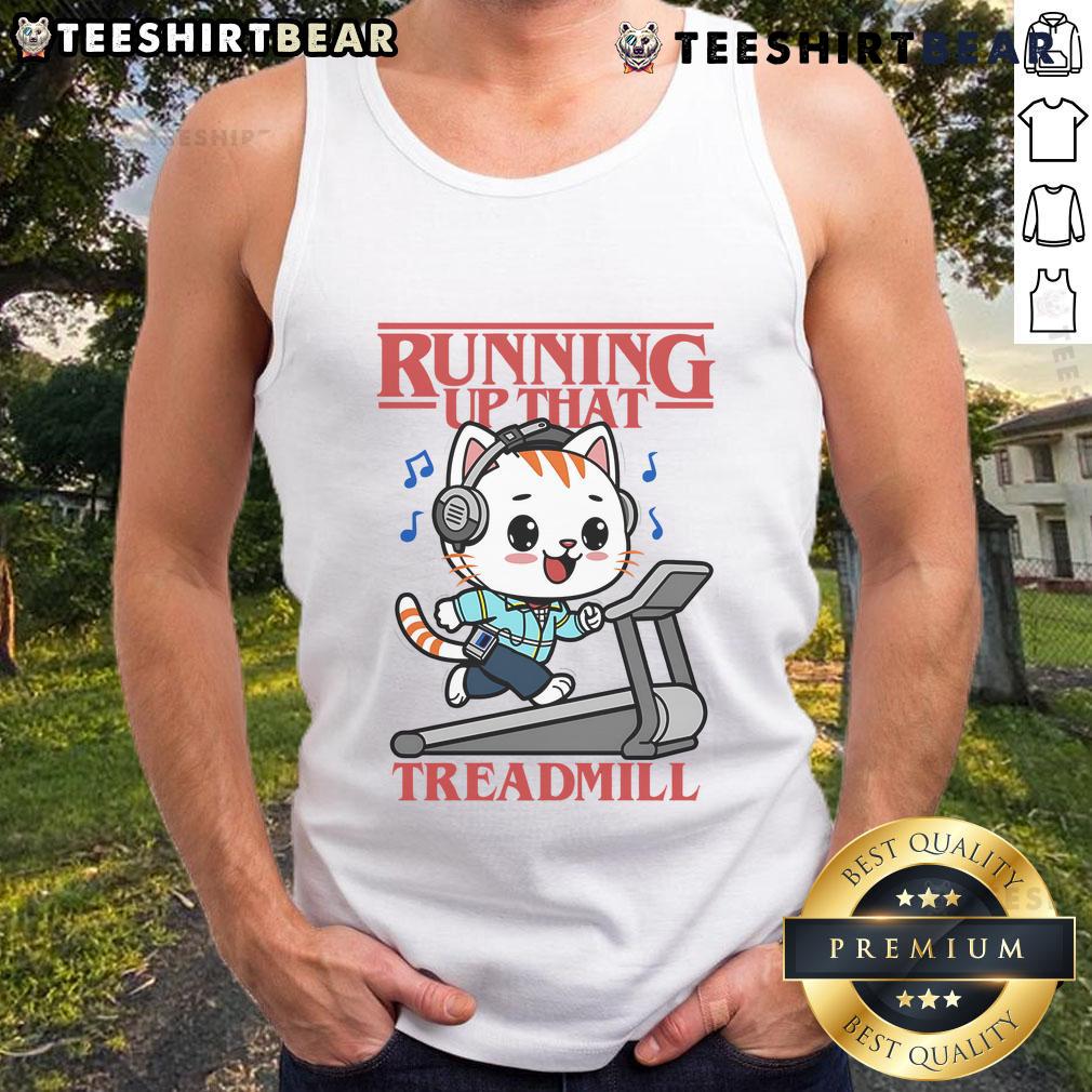 Cute cat running up that treadmill tank top featuring an adorable feline in motion, perfect for cat lovers and fitness enthusiasts.