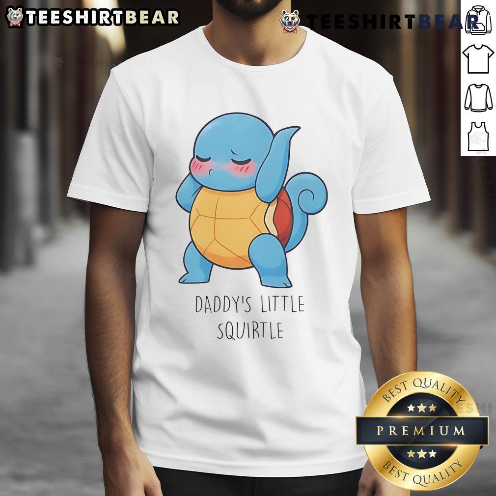 Alt Text: Adorable 'Daddy's Little Squirtle' T-Shirt featuring a cute Squirtle graphic, perfect for Pokemon fans and kids.