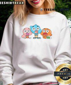Cute Gumball Darwin Anais cartoon sweatshirt featuring vibrant colors and playful characters for cozy casual wear.
