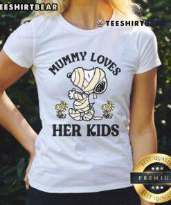 Cute Halloween Snoopy and Woodstock mummy graphic on a ladies tee, perfect for Halloween celebrations.