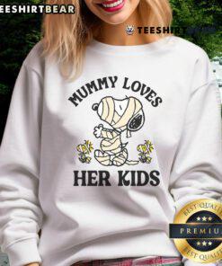 Adorable Cute Halloween Snoopy and Woodstock mummy sweatshirt, perfect for kids' festive celebrations.
