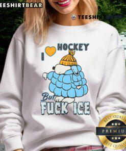 Alt Text: Cute ivory Snoopy sweatshirt with 'I Love Hockey' design, perfect for hockey fans and cozy casual wear.