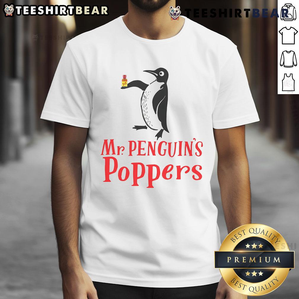 Alt Text: Cute Mr. Penguin's Poppers T-Shirt featuring an adorable penguin design, perfect for casual wear and penguin lovers.