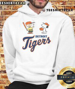 Cute Peanuts Charlie Brown and Snoopy hoodie featuring Detroit Tigers logo, perfect for fans and cozy wear.