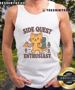 Adorable cat wearing a 'Cute Side Quest Enthusiast' tank top, perfect for gamers and animal lovers alike.