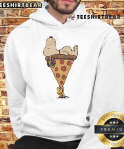 Alt Text: Cute Snoopy and Woodstock sharing a giant slice of pizza on a cozy hoodie, perfect for Peanuts fans.