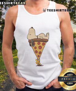 Alt Text: Cute Snoopy and Woodstock enjoying a giant slice of pizza on a trendy tank top design.