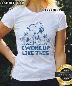 Cute Snoopy I Woke Up Like This ladies tee featuring a playful Snoopy graphic on a stylish t-shirt for women.