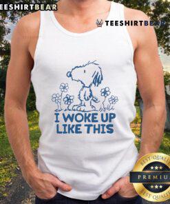 Alt Text: Cute Snoopy 'I Woke Up Like This' tank top featuring a playful design, perfect for casual outfits and Peanuts fans.