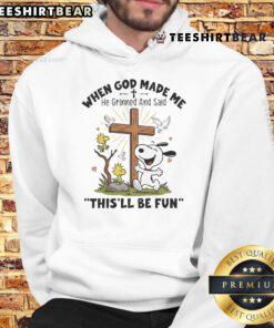Alt Text: Adorable 'Cute Snoopy When God Made Me He Grinned And Said This'll Be Fun' hoodie featuring a playful design.